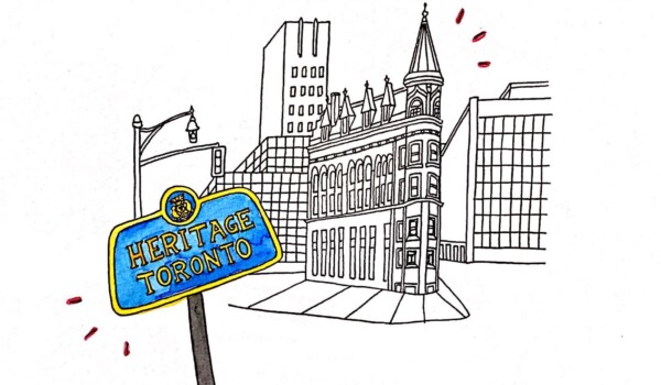 A hand-drawn image of the Gooderham (flatiron) Building on Front St in downtown Toronto, with a plaque in the foreground that reads 