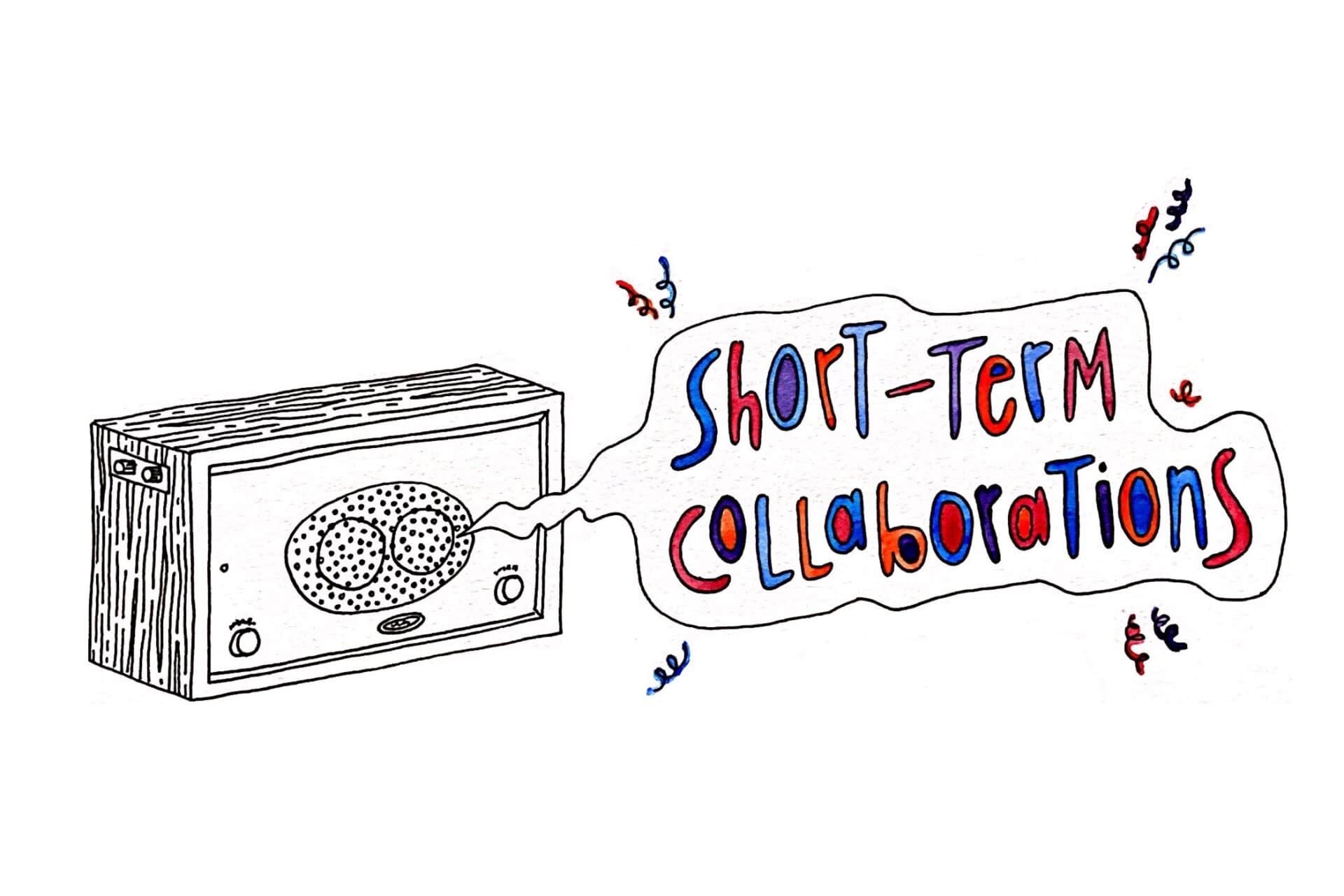 A speaker emits a speech bubble that reads "Short-Term Collaborations"